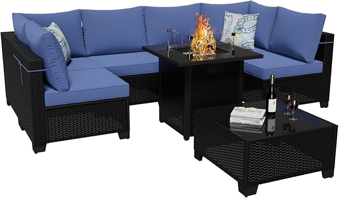 8 Piece Outdoor Patio Conversation Furniture Set Sectional Wicker Furniture Set with 28In Fire Pit Table, 50000 BTU Propane Firepit, Best for Garden Lawn Pool or Backyard, Coffee and Blue