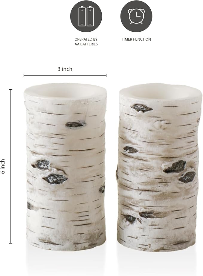 H-BLOSSOM Flickering Flameless Candles Birch Bark Effect Battery Operated Real Wax Pillar Candles LED Candles with Cycling 5H Timer Pack of 2 (3" x 6")
