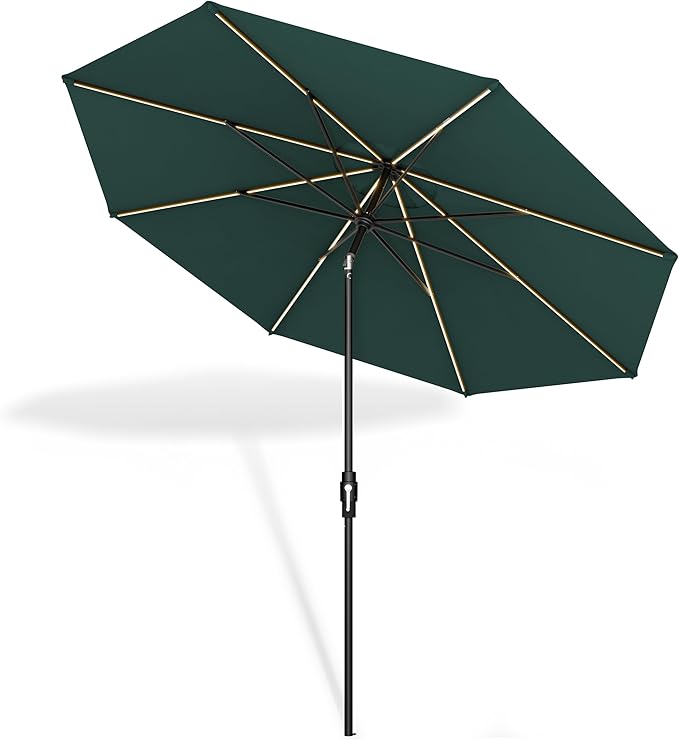 Midtown Umbrellas The LED Swilt 10 Feet Patio Umbrella With Terylast Forest (Dark Green) Polyester Fabric - Auto-Tilt Aluminum Frame With LED Lights For Backyard, Deck, Garden, Pool - Black Pole