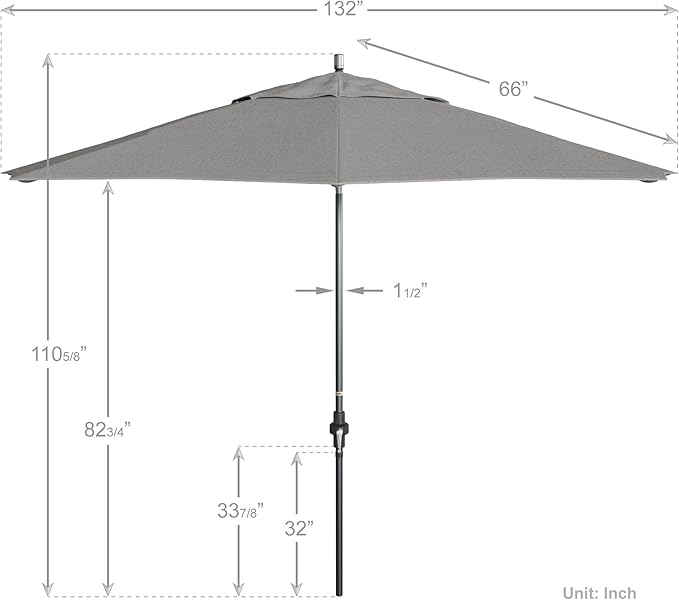 California Umbrella 11Ft Premium Sunbrella Patio Umbrella, Hand-Crank, Tilt-Collar, Gray Frame, Granite Fabric