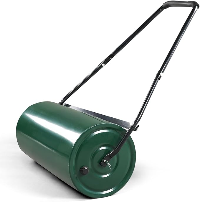 VINGLI Lawn Roller 13 Gallons Water or Sand Filled, Durable Heavy Duty Steel, with Drain Plug and U-Shaped Handle, Manual Tool for Greening up Lawns, for Yard Garden Maintenance, Green (24inch)