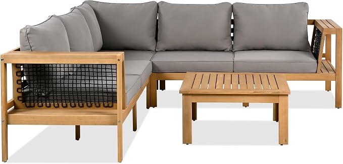 4 Pieces Outdoor Acacia Wood Sofa Set,Woven Mesh Armrests, L-Shaped Patio Furniture Sofa Set with Coffee Table, Outdoor Conversation Set (Gray+Natural#49)