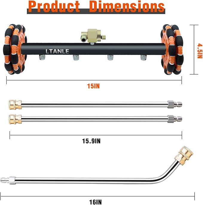2-in-1 Can Move Horizontally Pressure Washer Undercarriage Cleaner Water Broom, 15" Surface Cleaner Power Washer Attachment with 4 Nozzles 3 Extension Rods andSpare Wheel,4000 PSI (15inch)