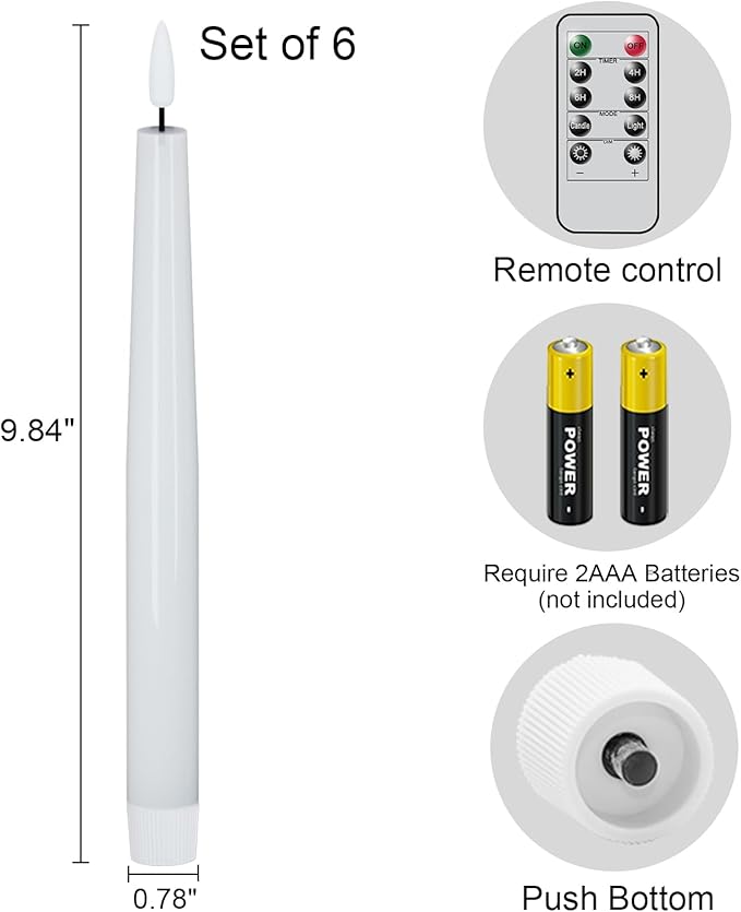 GenSwin LED Taper Candles with Remote Timer, White Flickering Flameless Taper Candles Battery Operated, Real Wax Flameless Candlesticks for Halloween Christmas Decorations(Set of 6, 0.78” x 9.84”)