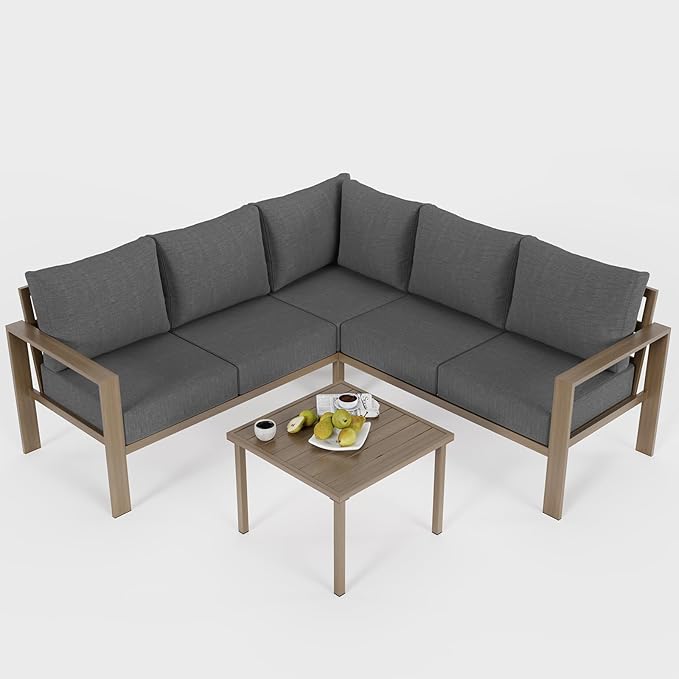 6 Pieces Patio Furniture Set, Wood-Look Metal Outdoor Sectional Furniture Conversation Set, L Shape Patio Couch with Side Table, 6.5" Thick Olefin Cushions for Garden, Backyard, Deck(Dark Grey)