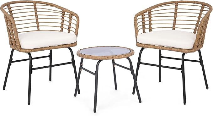 Tangkula 3 Pieces Patio Furniture Set, PE Rattan Bistro Chairs with Tempered Glass Coffee Table and Soft Cushions, Outdoor Wicker Conversation Set for Porch, Balcony, Garden and Poolside (Off White)