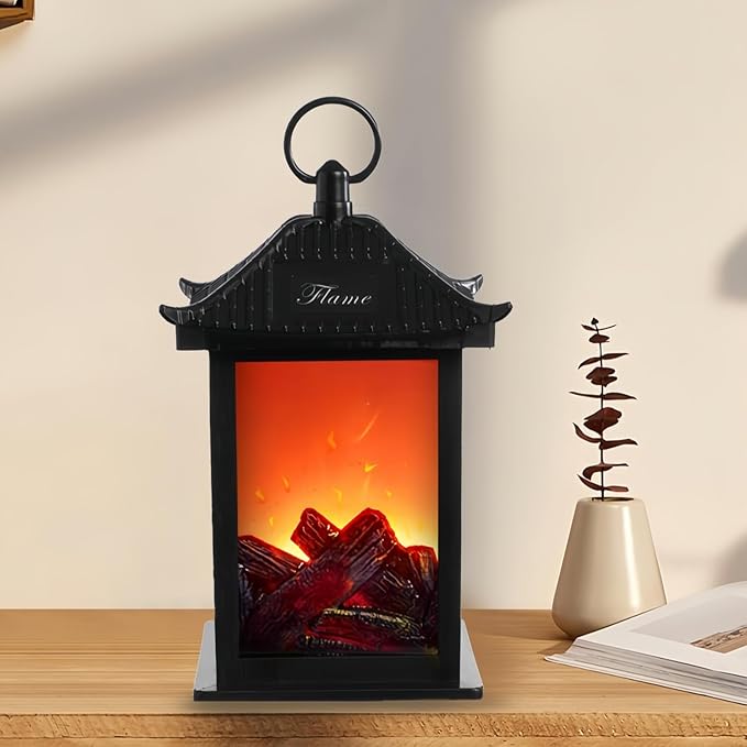 Simulated LED Fireplace Lantern Battery Powered Flameless Light with Simulation Flame Table Decorative Lamp Mini Fireplace Ornament for Cozy Home Decor Free Standing Electric Log Burner
