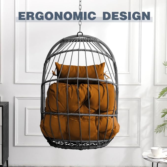 Hanging Egg Chair Without Stand – Foldable Rattan Wicker Swing Chair with Cushion & Headrest, 350lbs Capacity, Ceiling/Tree Mount Kit Included for Indoor Outdoor Use,Brown