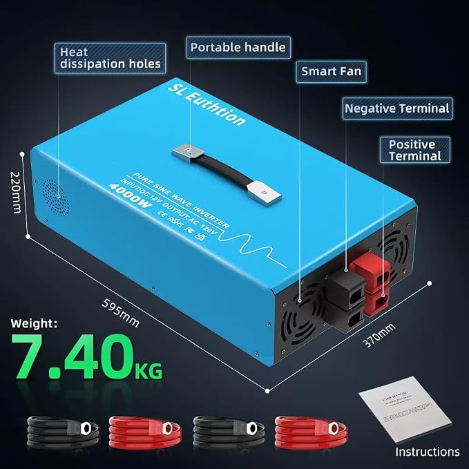 4000W Pure Sine Wave Power Inverter Voice Control AI Voice Assistant Support English 24V to 120V 60HZ with LCD Display, USB Port, for Car Home Laptop Truck