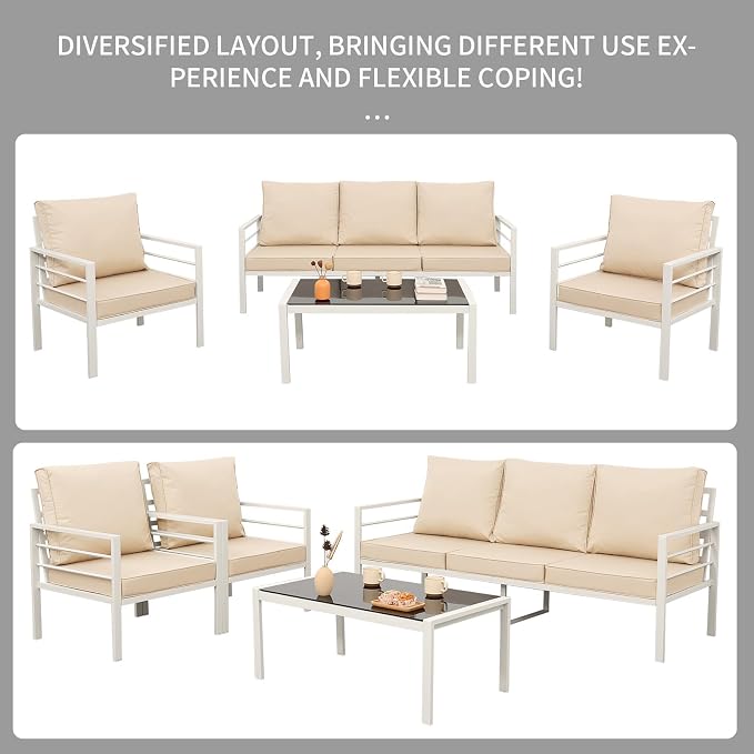 Rattaner 4-Piece Patio Furniture Set White Frame Outdoor Sofa Set High Backrest Seater Glass Coffee Table All-Weather Metal Outdoor Furniture Set with Non-Slip Cushions and Waterproof Covers, Khaki