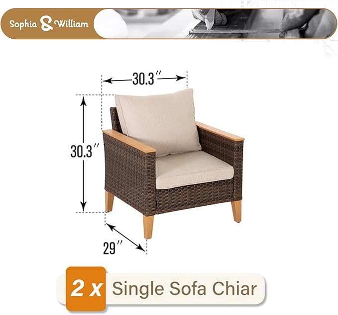 Sophia & William Outdoor Patio Sectional Sofa Set 2 Seats High Back Single Wicker Patio Furniture Chairs All-Weather Patio Conversation Set Outdoor Couch with 4" Thick Cushions, Beige