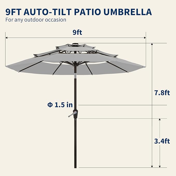 9FT 3 Tiers Patio Umbrella With Auto Tilt And Crank, Outdoor Table Market Umbrella with 8 Sturdy Ribs for Garden, Lawn, Deck, Backyard and Pool
