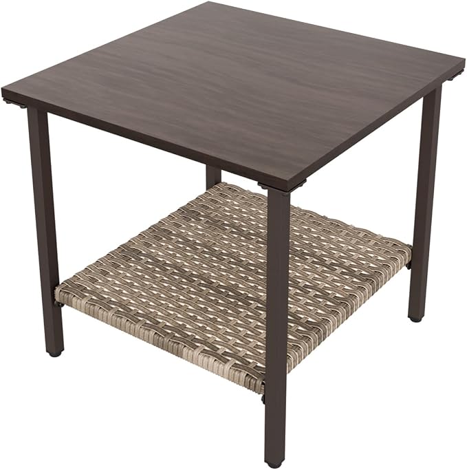 EAGLE PEAK Coastal Vista Outdoor Table with Wicker Shelf for Garden, Patio, Poolside and Porch, Square, Wood Grain Top