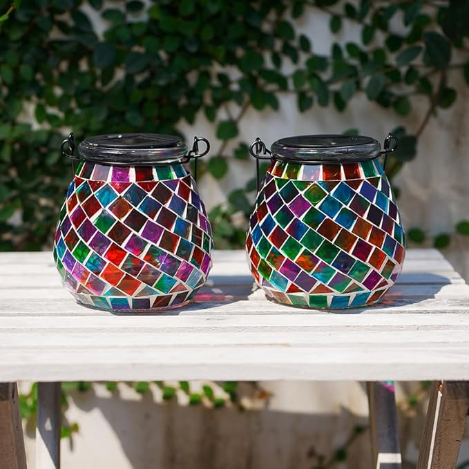 Stargarden 2 Pack Mosaic Solar Lanterns Outdoor Waterproof, Colorful Glass Hanging Lantern Decorative Solar Lights for Yard, Patio, Lawn, Gaden Decor
