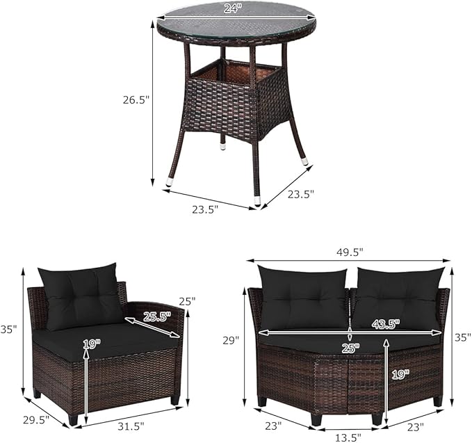 HAPPYGRILL 4 Pieces Outdoor Patio Furniture Set Wicker Sectional Sofa L-Shape with Round Tempered Glass Top Table & Cushions Modern Conversation Set Curved Sofa Set for Garden Poolside Balcony