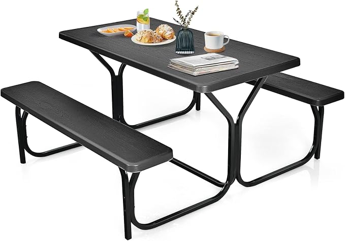 HAPPYGRILL Outdoor Picnic Table Bench Set with Metal Frame & All Weather-Resistant Surface, Camping Table Set for Patio Backyard Poolside Garden Dining Party