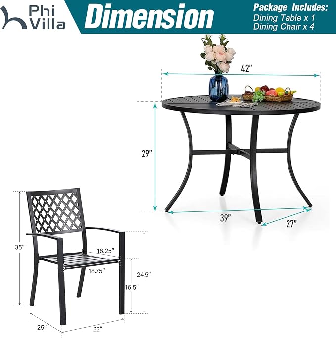PHI VILLA 5 Pcs Outdoor Dining Set for 4&Round Steel Table | Metal Table w/Umbrella Hole&Stacking Wrought Iron Chairs,Modern Furniture Set for Patio,Deck,Backyard,Porch