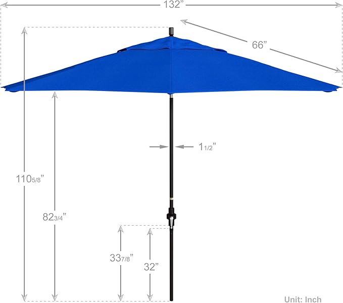 California Umbrella 11Ft Premium Sunbrella Patio Umbrella, Hand-Crank, Tilt-Collar, Bronze Frame, Pacific Blue Fabric