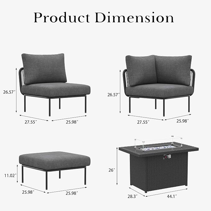 LayinSun 11 Pieces Aluminum Patio Furniture Set, Modern Modular Sectional Sofa with Fire Pit Table and Upgrade Thickness Cushion