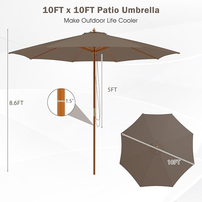 Giantex 10FT Patio Umbrella, Outdoor Table Market Umbrella with 8 Bamboo Ribs, Pulley Lift and Ventilation Hole, Outdoor Sunshade Umbrella for Poolside Backyard Beach
