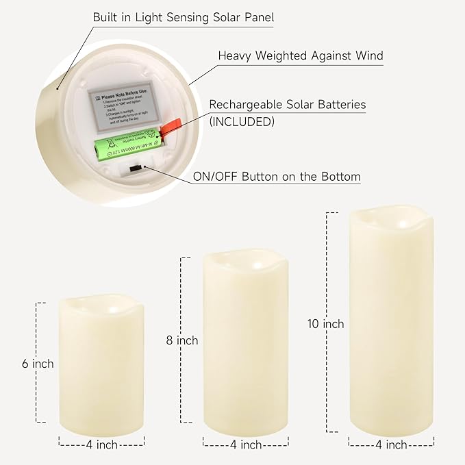 NURADA Large Outdoor Solar Candles Waterproof - 6" 8" 10" x 4" Rechargeable Solar Powered Flameless LED Pillar Flickering Candle for Patio Porch Lanterns Decor - Ivory Set of 3