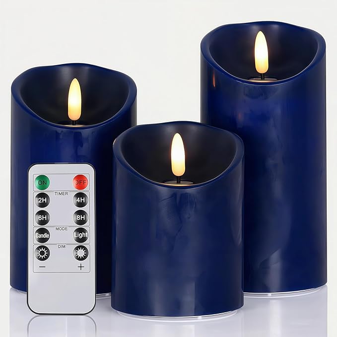 Navy Blue Flameless Candles with Remote Timer, Real Wax LED Candles Flickering, 3D Wick Fake Candles Candles Battery Operated for Home Living Room Wedding Party Gifts, Navy Blue Decor, Set of 3