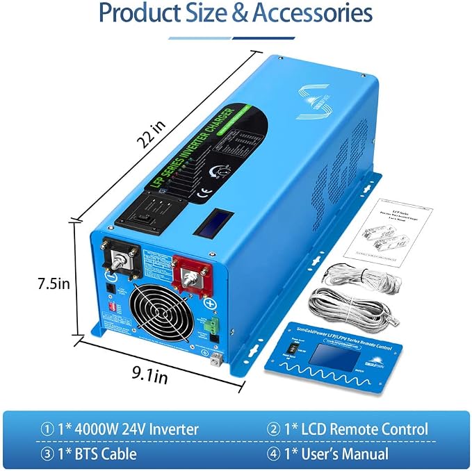 SUNGOLDPOWER 4000W 24V Pure Sine Wave Inverter Charger 24Vdc to 110/120Vac Off-Grid Inverter, Peak Power 12000W 20s, Low Frequency Inverter, Auto Generator Start,Remote LCD Display