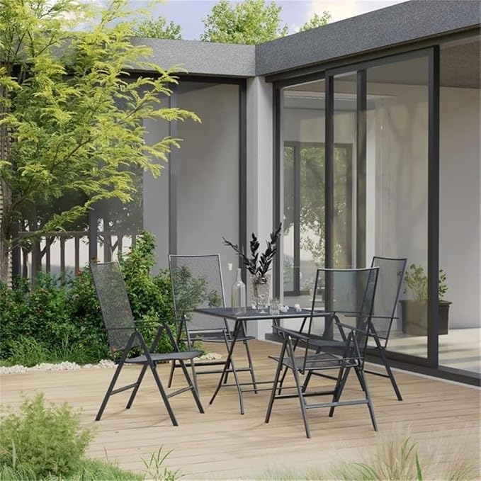BOWERY HILL 5-Piece Steel Patio Dining Set, Square Table with 4 Chairs, Anthracite/Gray Finish, Powder-Coated, Foldable Design, Mesh Style, Adjustable Backrests, Indoor/Outdoor Use for Garden or