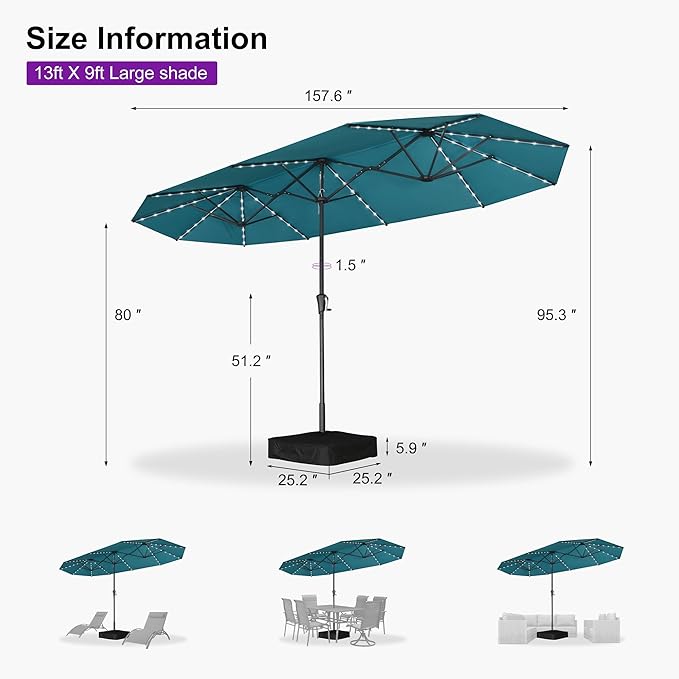 PURPLE LEAF 13ft Double-Sided Patio Umbrella with Solar Lights Outdoor Market Umbrella with Base and Crank Handle Table Umbrella for Backyard Pool Garden Deck, Turquoise