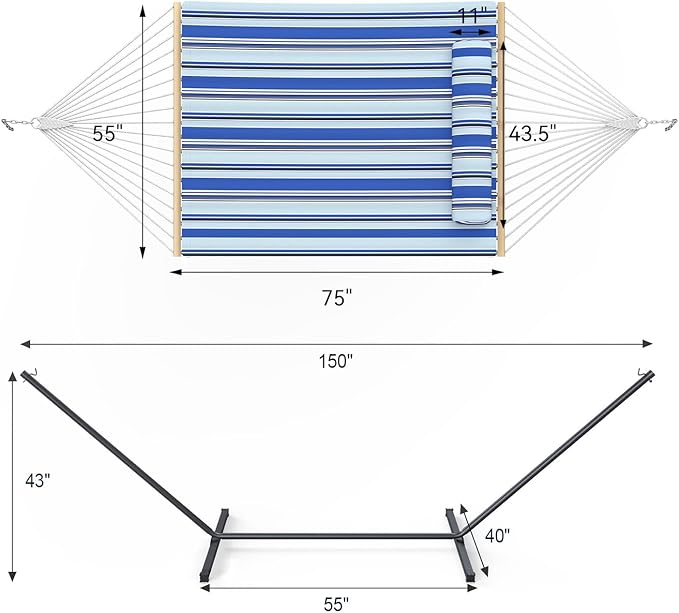 Everyfun 2 Person Hammock with Stand, Heavy Duty Double Cotton Rope Hammock with Removable Quilted Pad & Pillow, 500 LBS Adjustable Steel Frame, Tool-Free, Carry Bag for Outside Patio Yard, Blue