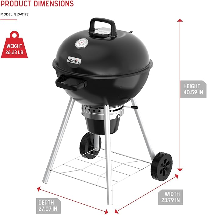 Nexgrill Premium 22.5" Charcoal Barbecue Grill with Adjustable Air Vent, Built-In Temperature Gauge, 362 SQ In Grate, Storage Rack, Portable Kettle Grill for Camping, Picnics, and More - 810-0178
