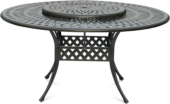VIVIJASON Outdoor 61" Patio Dining Table for 6-8 Person, Large Patio Round Dining Table with Lazy Susan, Dark Bronze Cast Aluminum Rustic Patio Table with 2" Umbrella Hole for Balcony, Porch and Deck