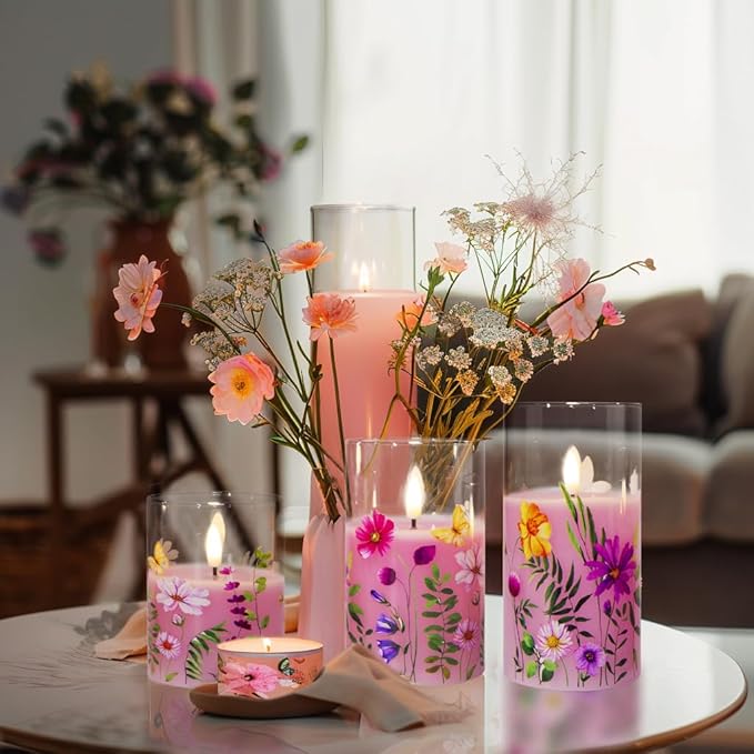 Eywamage Pink Floral Glass Flameless Candles with Remote, Flickering Spring LED Pillar Candles Battery Operated Home Decor Set of 3