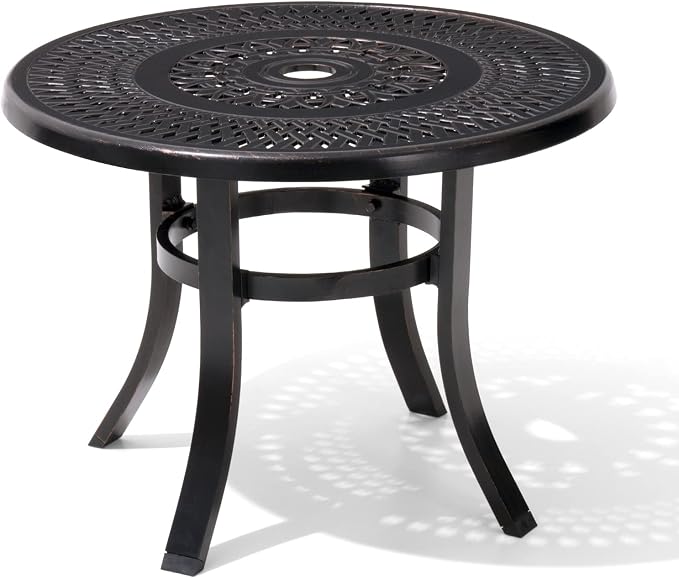 Crestlive Products Cast Aluminum Patio Side Table - Outdoor 24'' Small Round Table with Umbrella Hole Anti-Rust Design for Backyard Porch Pool Balcony, Black with Bronze Spot