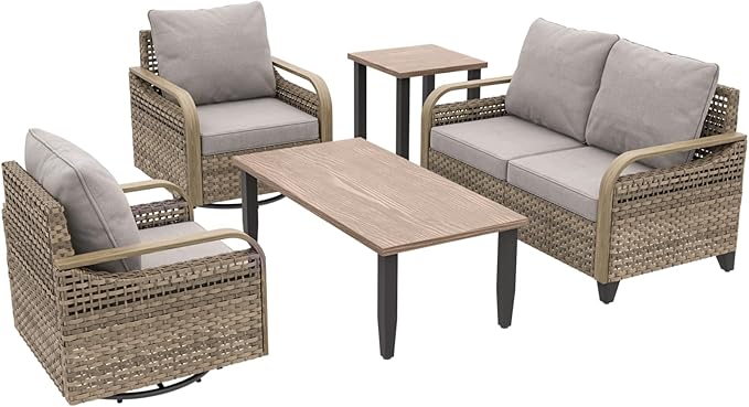 COOS BAY Modern Wicker Outdoor Furniture Set, 5 Piece Patio Conversation Set with 2 Swivel Rockers, a Loveseat, Coffee Table and Side Table, 5 Piece, Brown/Gray