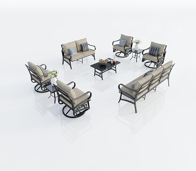 9 Pieces Patio Conversation Sets, All-Weather Metal Swivel Rocking Chairs with Rope Furniture Set, Outdoor Sofa Couch for Deck, Porch, Garden, Backyard, Poolside (Beige Cushions)