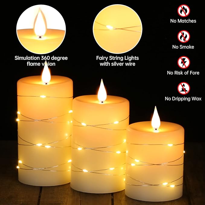 Da by Flameless Candles with String Lights,Battery Operated Candles,LED Flickering Candles with Remote Control and Timer, Real Wax, 3 Pack-Ivory