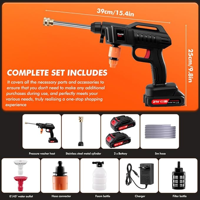 Papasbox 1500W Electric Pressure Washer,21V Cordless Pressure Washer with 2 * 2.0Ah Battery,Battery Pressure Wash Kit 16FT Hose, Power Cleaner for Patio Floor Fence Deck Indoor