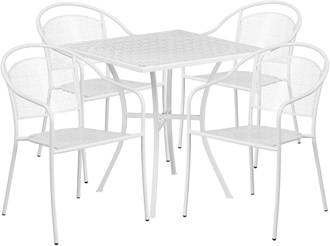 Flash Furniture Oia Commercial Grade 28" Square White Indoor-Outdoor Steel Patio Table Set with 4 Round Back Chairs