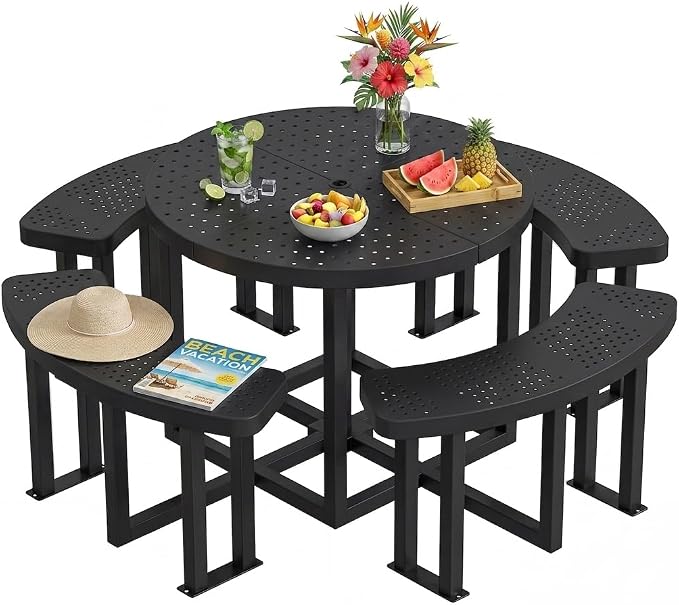 DWVO 38" Round Metal Picnic Table with Umbrella Hole - Heavy Duty Q235 Carbon Steel Outdoor Table Set for Patio, Backyard, and Lawn - Industrial Steel Construction
