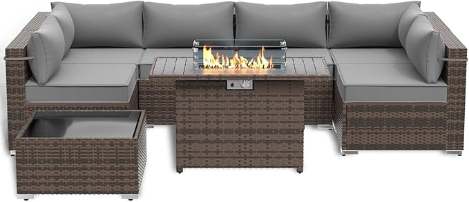 8 Piece Patio Furniture Set with 43" Fire Pit Table, Outdoor Sectional Sofa Set Heavy Duty Wicker Furniture Set with 2 Waterproof Covers