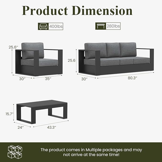 LayinSun Oversized Aluminum Outdoor Furniture Set, 4 Piece Patio Sofa Sets with Coffee Table, Deep Seating and Upgraded 6-inch Cushions for Porch, Balcony, Deck