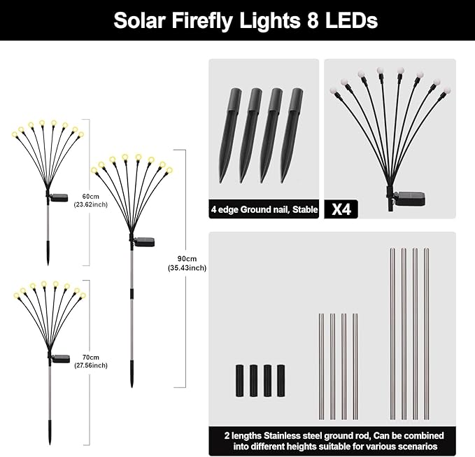 Solar Firefly Lights Outdoor, 8 Modes 800mAh Swaying Flashing Firefly Garden Lights Solar Powered Waterproof for Outside Yard Patio Pathway Lawn Christmas Garden Decor Warm White (4 Pack)