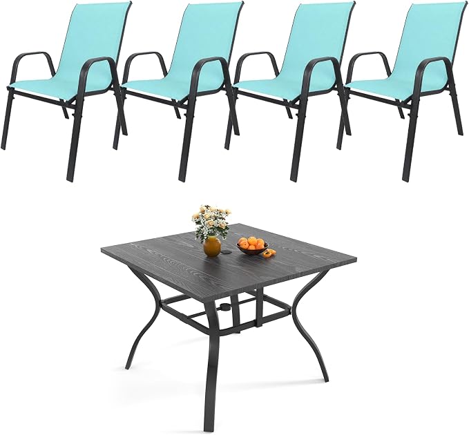 5 Piece Patio Dining Set, Stackable Outdoor Chairs Set of 4 with Textilene Fabric, 37.8" Wood-Grain Square Table with Umbrella Hole for Backyard Lawn Party (1 Table + 4 Chairs) (Sky Blue)