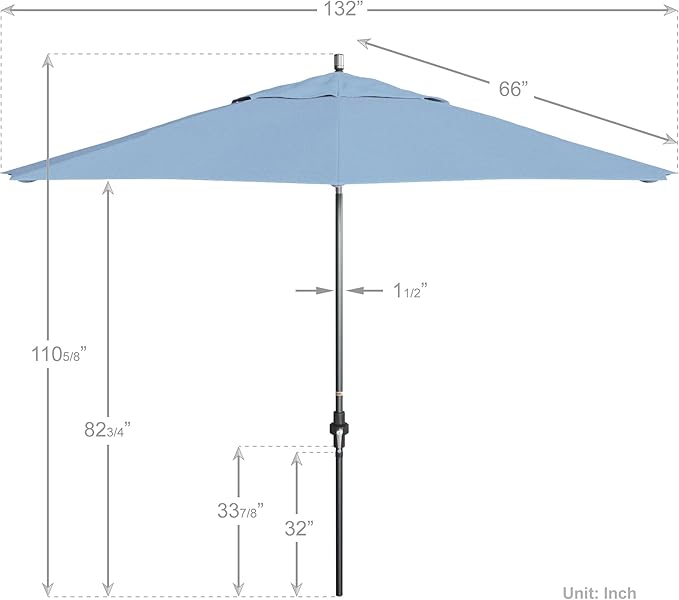California Umbrella 11Ft Premium Sunbrella Patio Umbrella, Hand-Crank, Tilt-Collar, Gray Frame, Air Blue Fabric