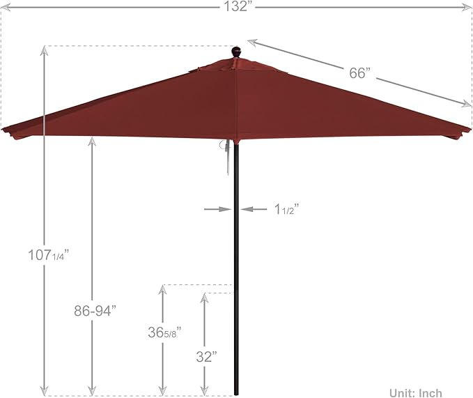 California Umbrella 11Ft Commercial Grade Sunbrella Fabric Market Umbrella, Pulley Lift, Aluminum/Fiberglass, 2mm pole wall, Bronze Frame, Jockey Red Fabric