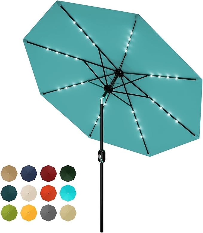 10 ft Patio Umbrella with Solar Lights, Outdoor LED Lighted Umbrella, 40 LED Lights & Tilt Crank, 8 Ribs for Poolside, Deck, Backyard
