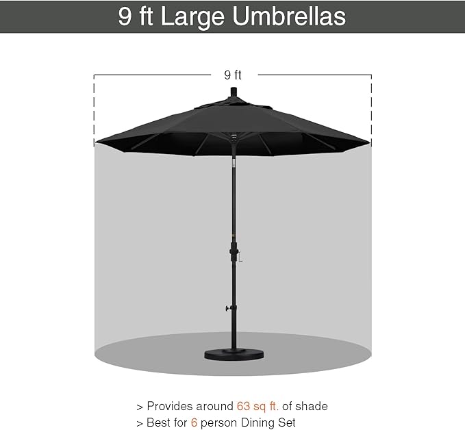 California Umbrella 9' Round Aluminum/Fiberglass Umbrella, Push Open, White Pole, Olefin Black Fabric