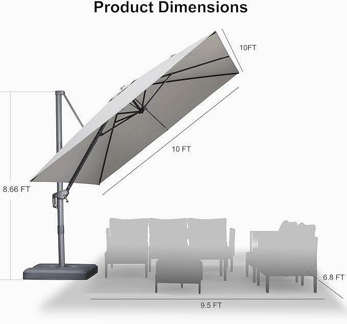 PURPLE LEAF Patio Umbrella 10' X 10' Cantilever Umbrella with Central Lights and Base Aluminum Outdoor Umbrellas with 360-degree Rotation & UPF40+ Fabric for Deck Pool Garden Yard, Pebble Grey
