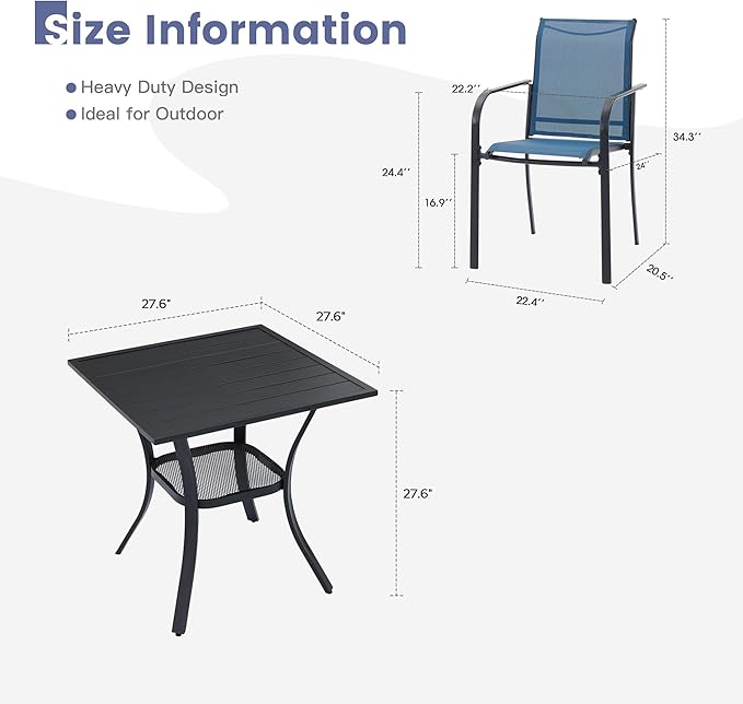 VICLLAX Outdoor Dining Set for 2, Small Patio Table and Chairs Set of Stackable Patio Sling Chairs and Square Dining Table for Front Porch, Blue Fabric and Black Table